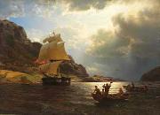 Hans Gude Hjemvendende hvalfangerskip i en norsk havn oil painting